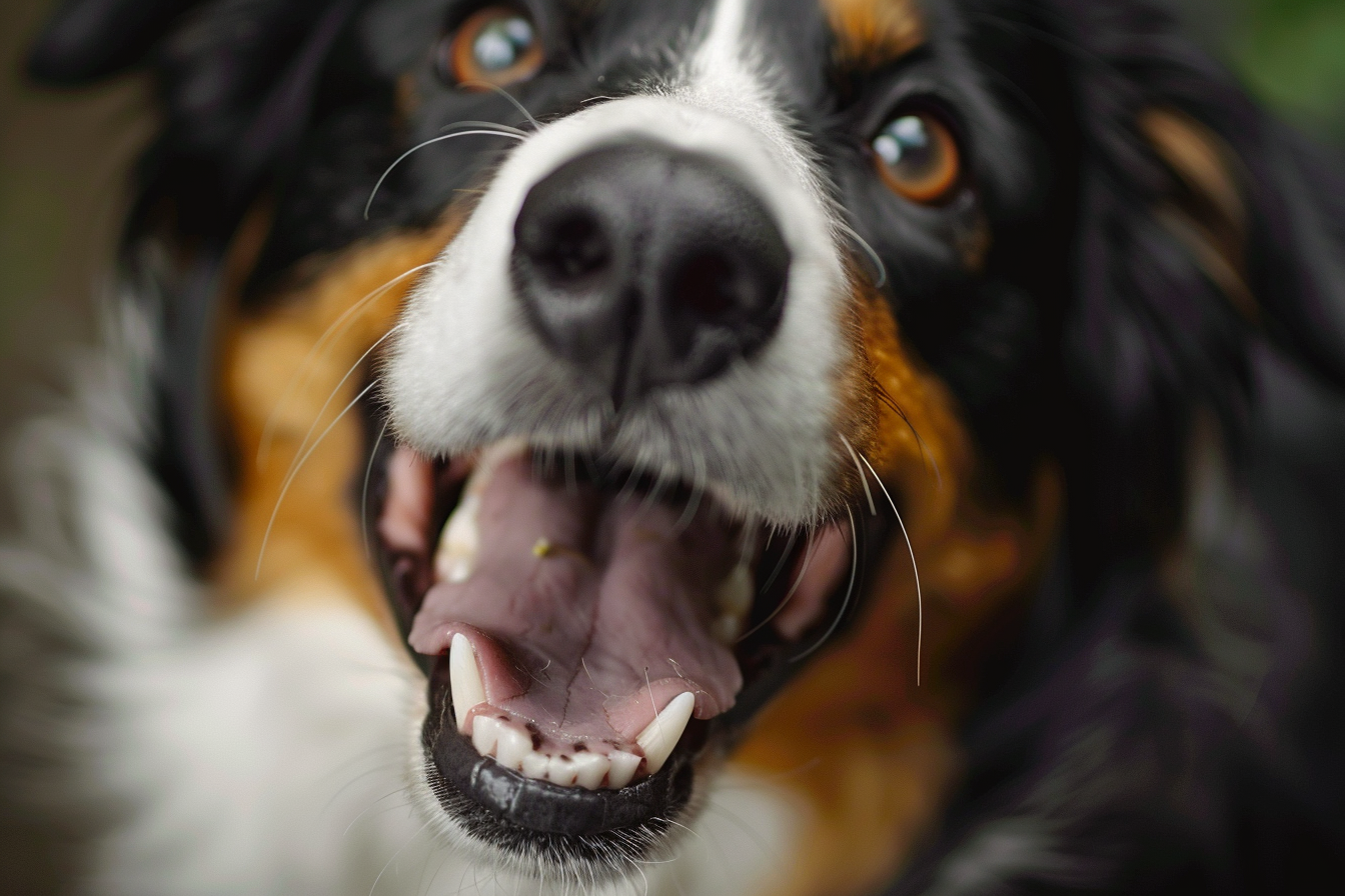 extreme close-up shot of happy australian shepperd dog