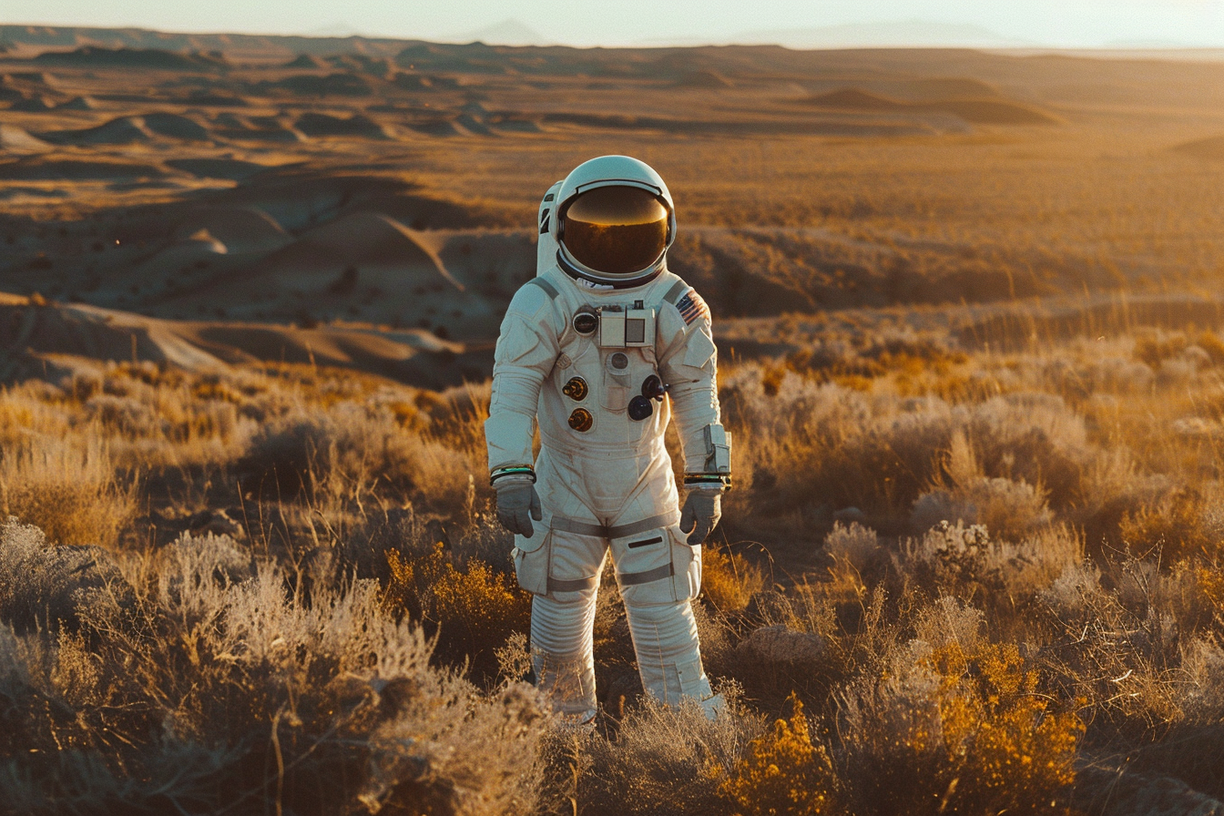 high angle photo of an astronaut standing in american dessert, golden hour lighting