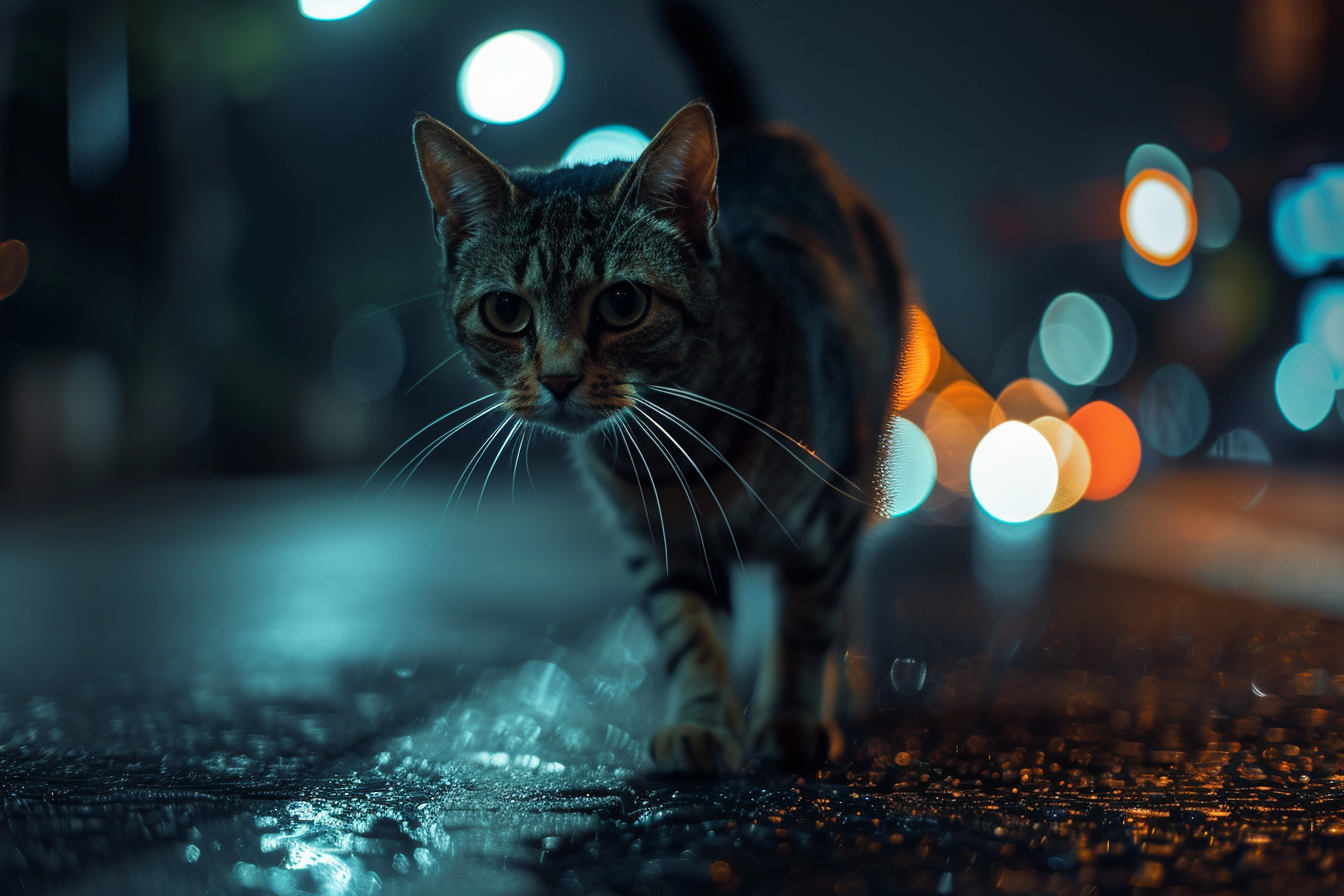 photo of cat walking through city, midnight, bokeh