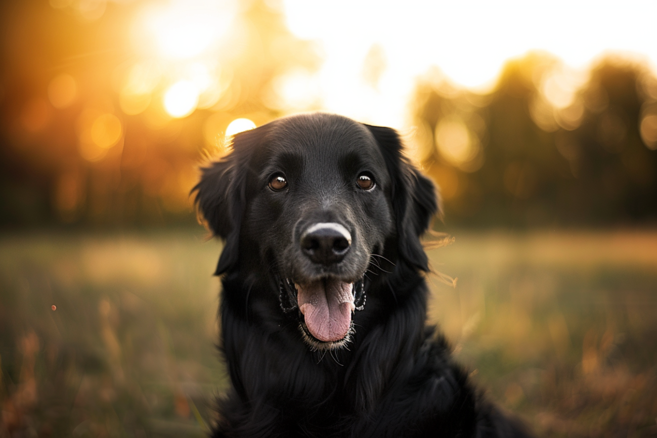 portrait of smiling flat-coated retriever, blurry background