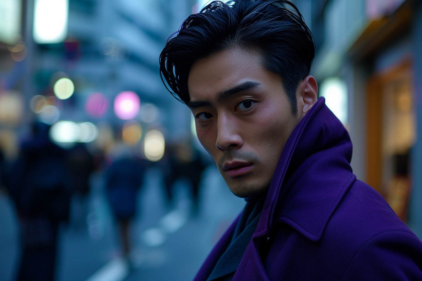 street photography of japanese male with medium long hair, wearing a purple coat