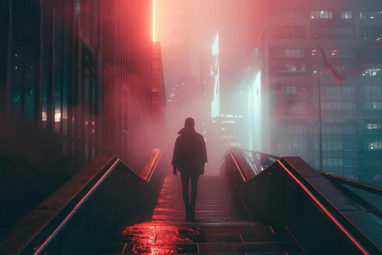 wide angle photography of person walking through dystopian city, inspired by bladerunner